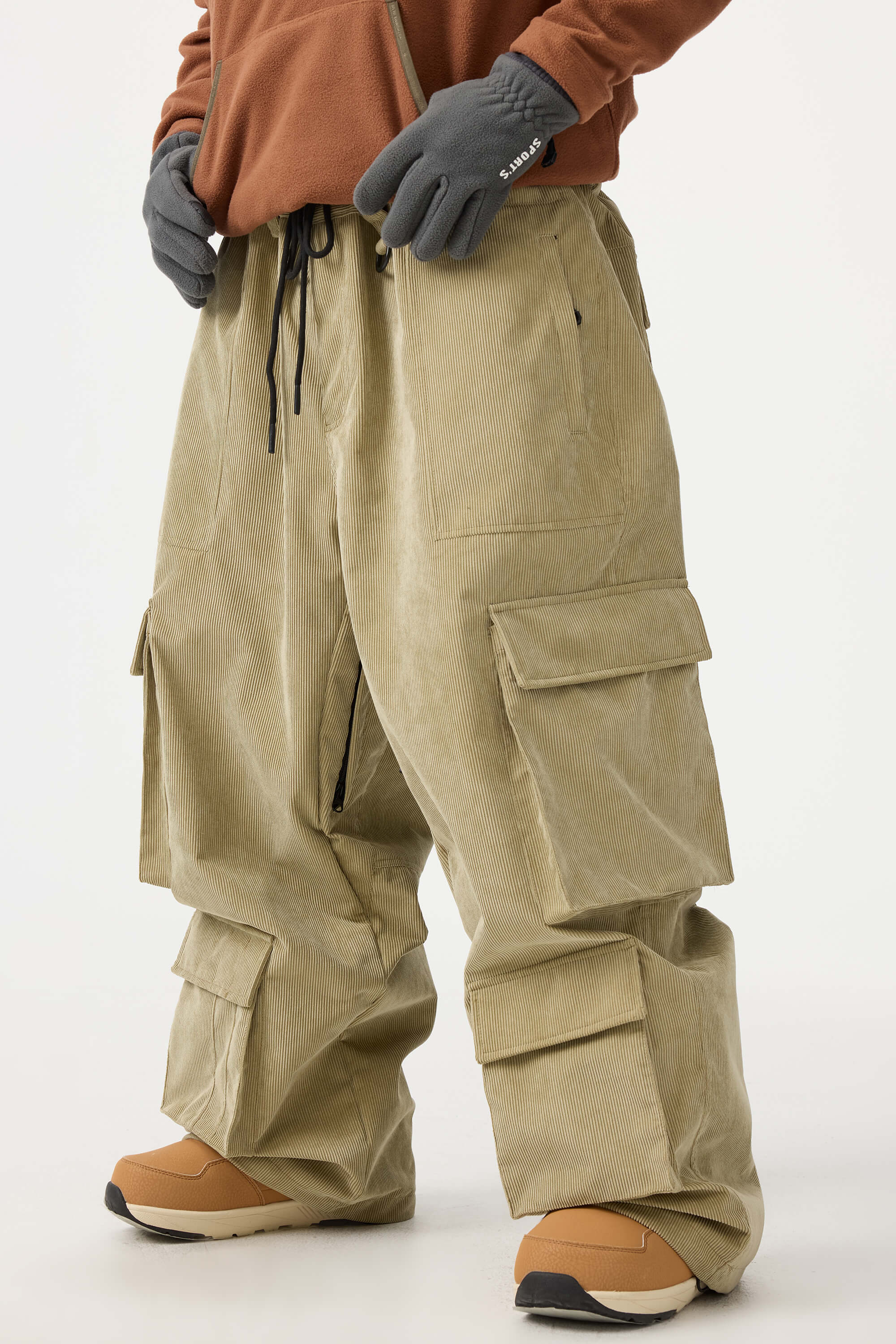 Men's Khaki Baggy Multi-Pocket Ski Pants Corduroy Snow Pants