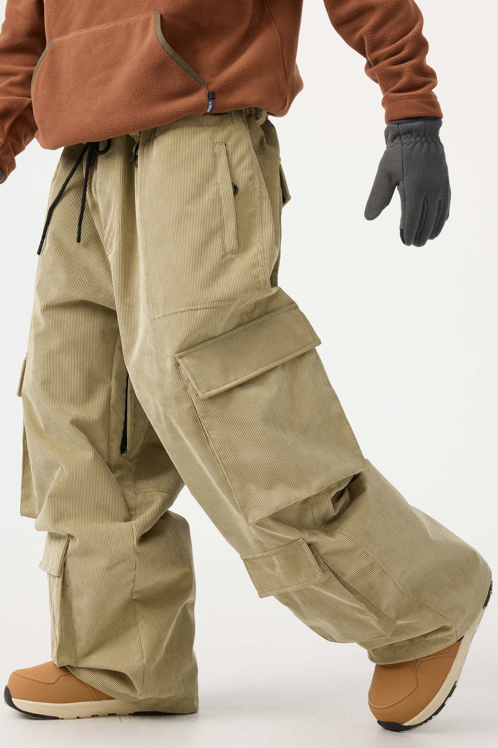 Men's Khaki Baggy Multi-Pocket Ski Pants Corduroy Snow Pants