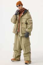 Men's Khaki Baggy Multi-Pocket Ski Pants Corduroy Snow Pants