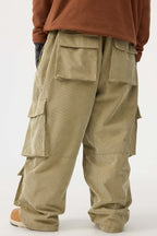 Men's Beige Baggy Multi-Pocket Ski Pants Corduroy Snow Pants