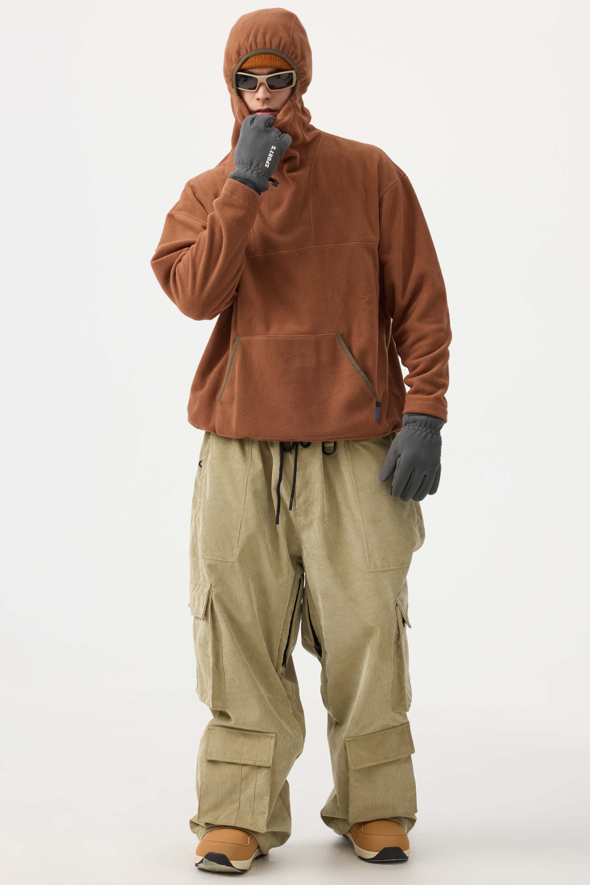 Men's Khaki Baggy Multi-Pocket Ski Pants Corduroy Snow Pants