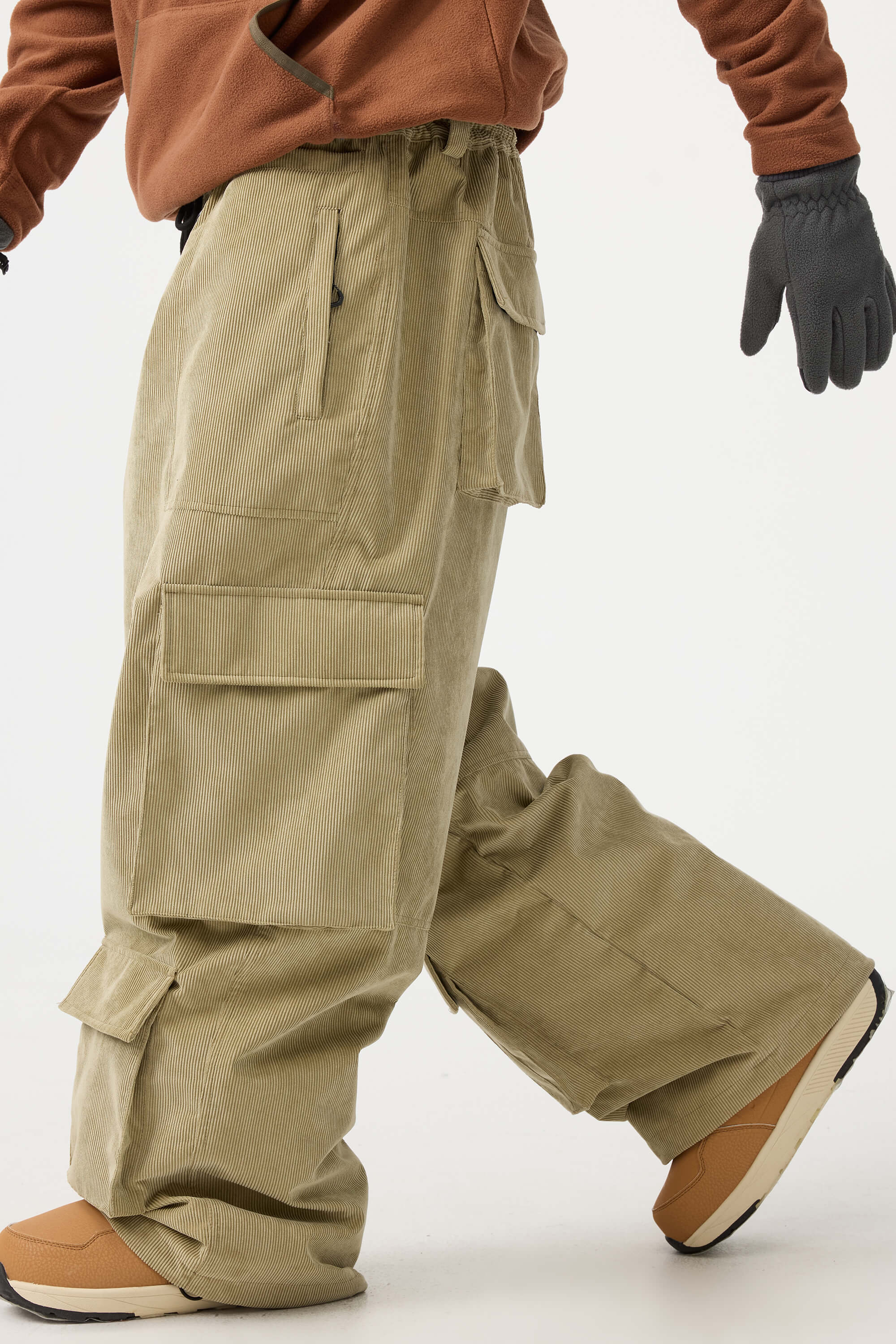 Men's Khaki Baggy Multi-Pocket Ski Pants Corduroy Snow Pants
