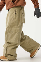 Men's Beige Baggy Multi-Pocket Ski Pants Corduroy Snow Pants