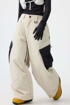Women's Coffee Baggy Color-Blocked Ski Pants Cargo Pocket Snow Pants