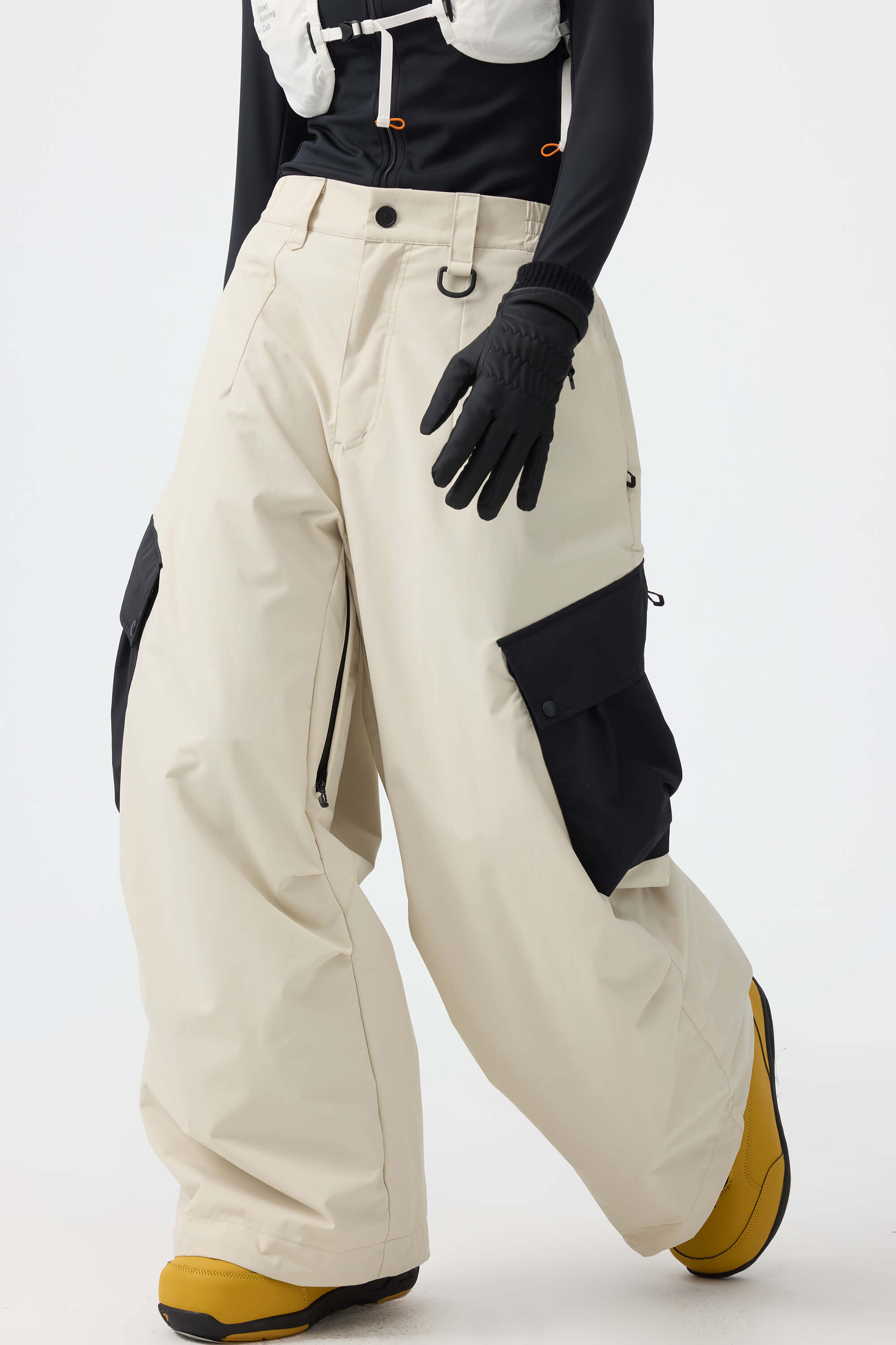 Women's Coffee Baggy Color-Blocked Ski Pants Cargo Pocket Snow Pants