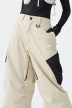 Women's Coffee Baggy Color-Blocked Ski Pants Cargo Pocket Snow Pants