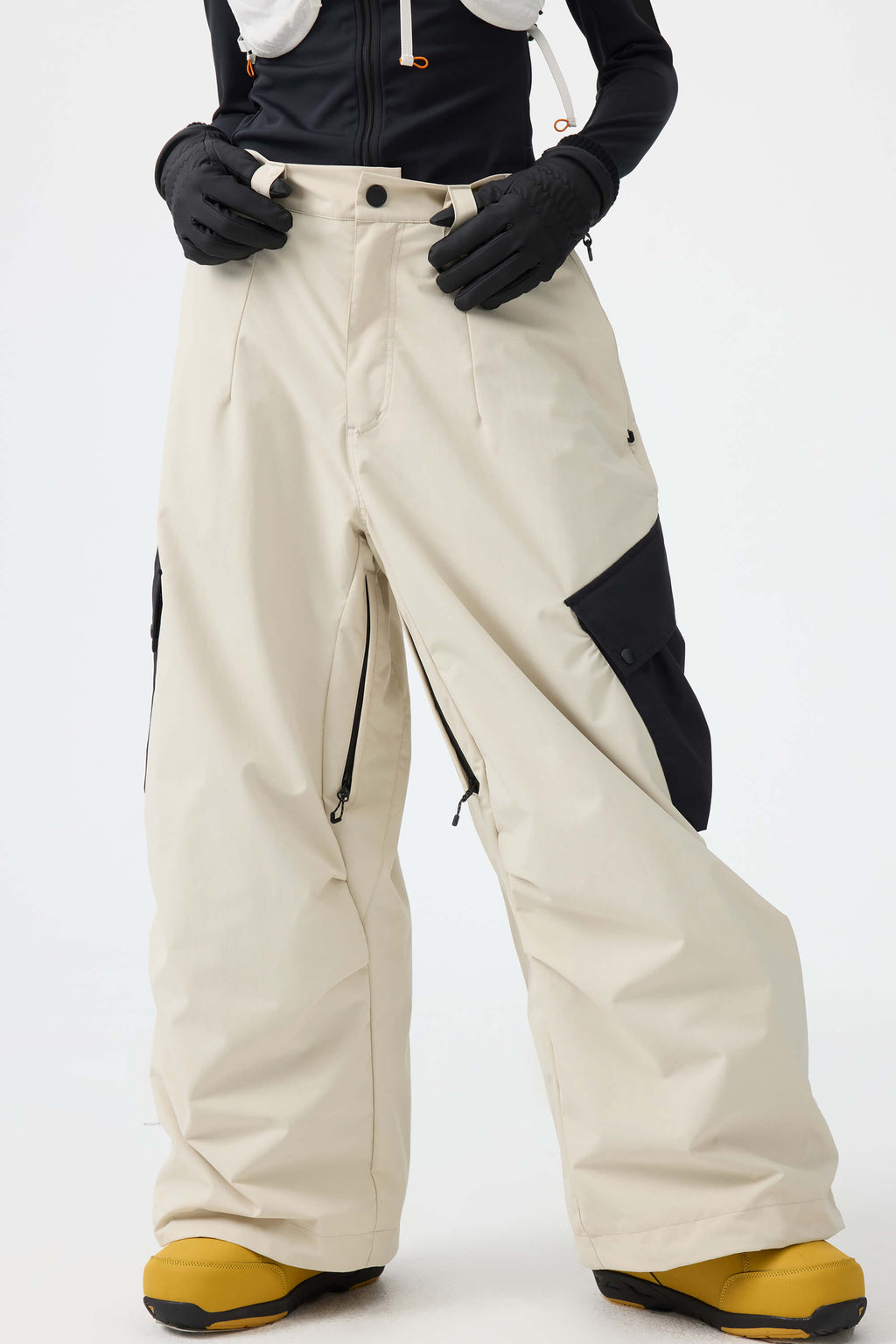 Women's Dark Gray Baggy Color-Blocked Ski Pants Cargo Pocket Snow Pants