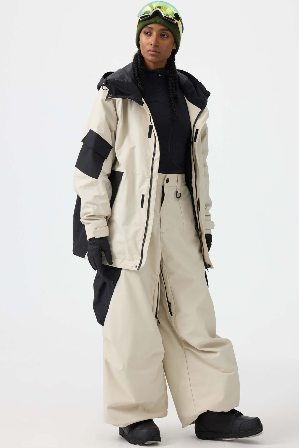 Women's Black Baggy Color-Blocked Ski Pants Cargo Pocket Snow Pants