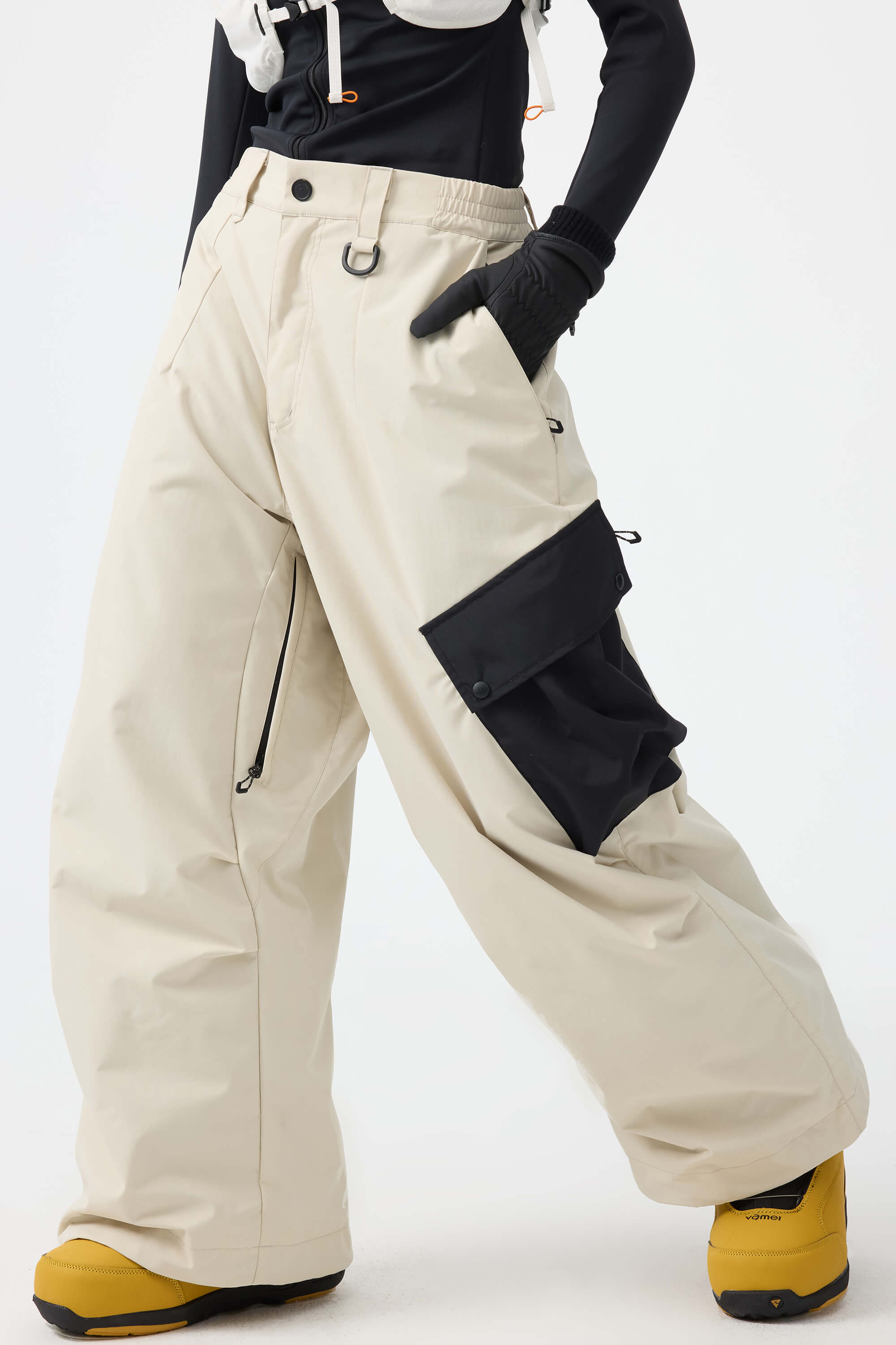 Women's Black Baggy Color-Blocked Ski Pants Cargo Pocket Snow Pants