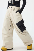 Women's Dark Gray Baggy Color-Blocked Ski Pants Cargo Pocket Snow Pants