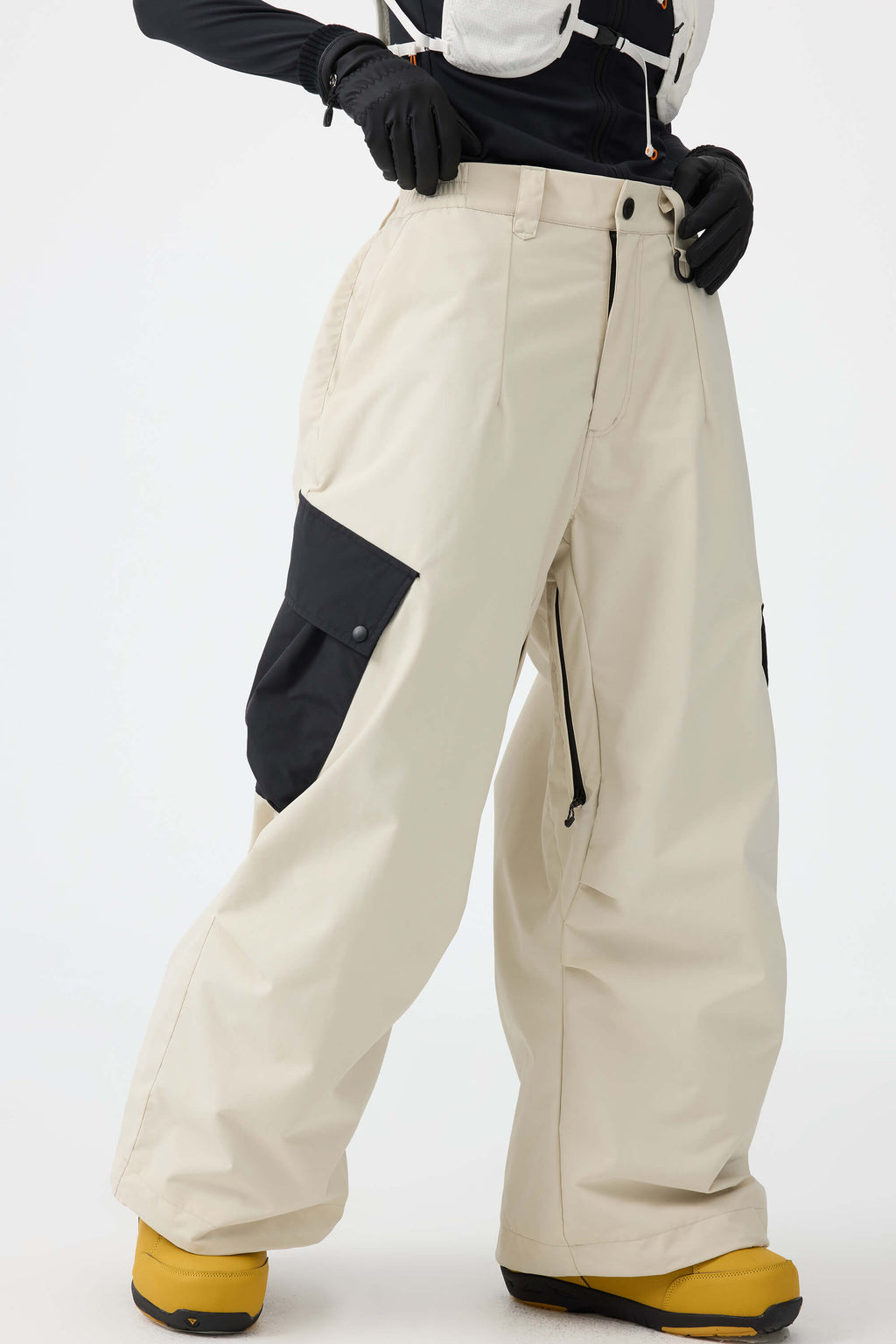 Women's Dark Gray Baggy Color-Blocked Ski Pants Cargo Pocket Snow Pants