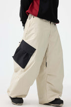 Men's Coffee Baggy Color-Blocked Ski Pants Cargo Pocket Snow Pants