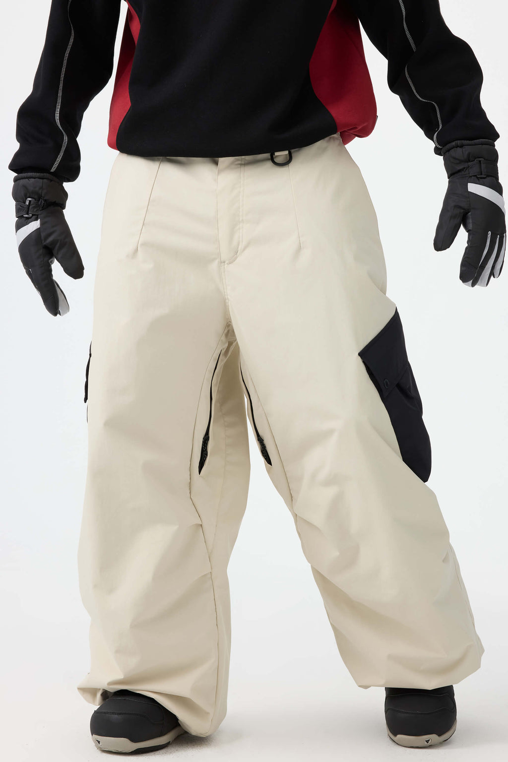 Men's Black Baggy Color-Blocked Ski Pants Cargo Pocket Snow Pants