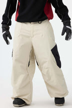 Men's Black Baggy Color-Blocked Ski Pants Cargo Pocket Snow Pants