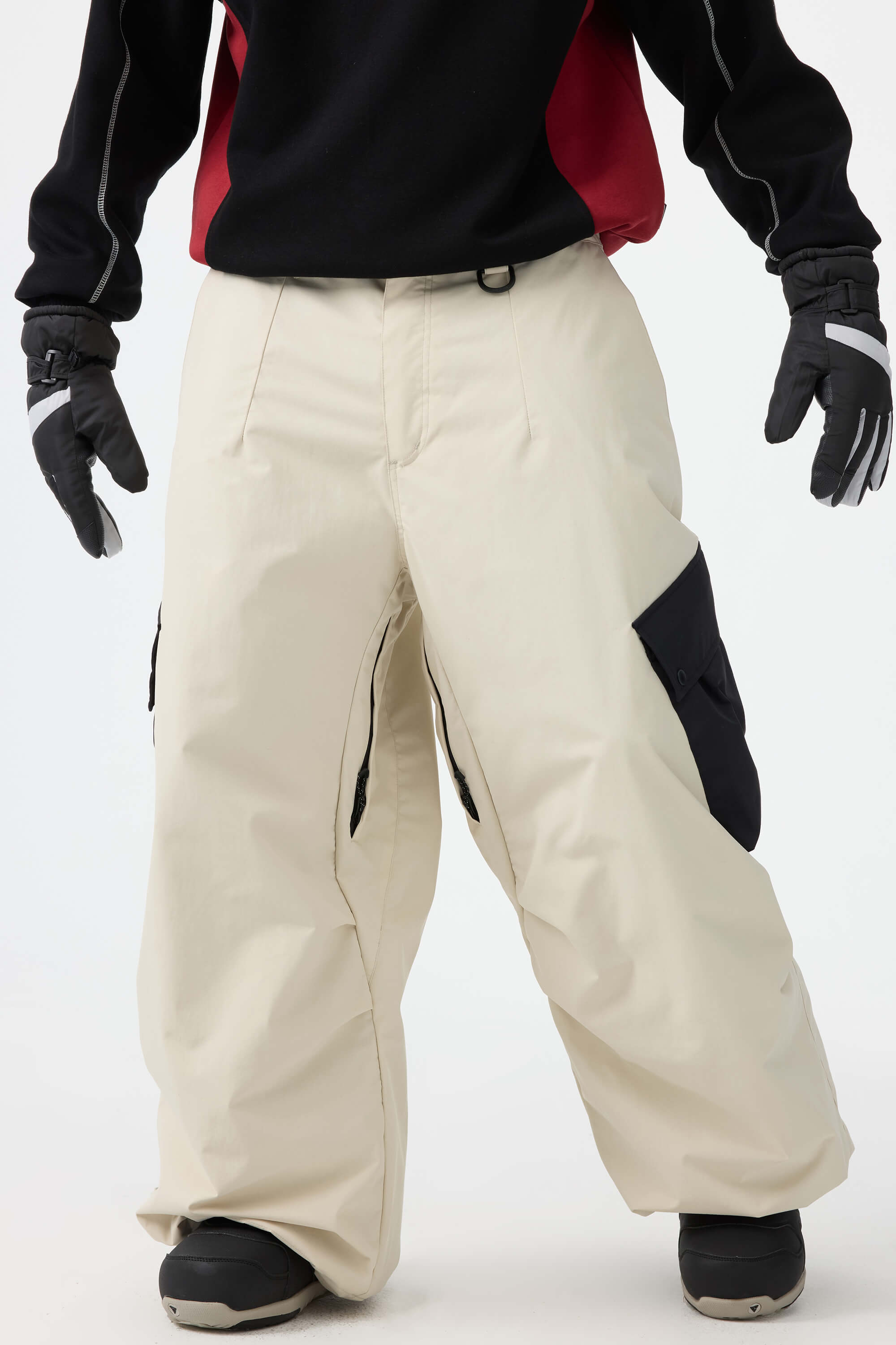 Men's Beige Baggy Color-Blocked Ski Pants Cargo Pocket Snow Pants