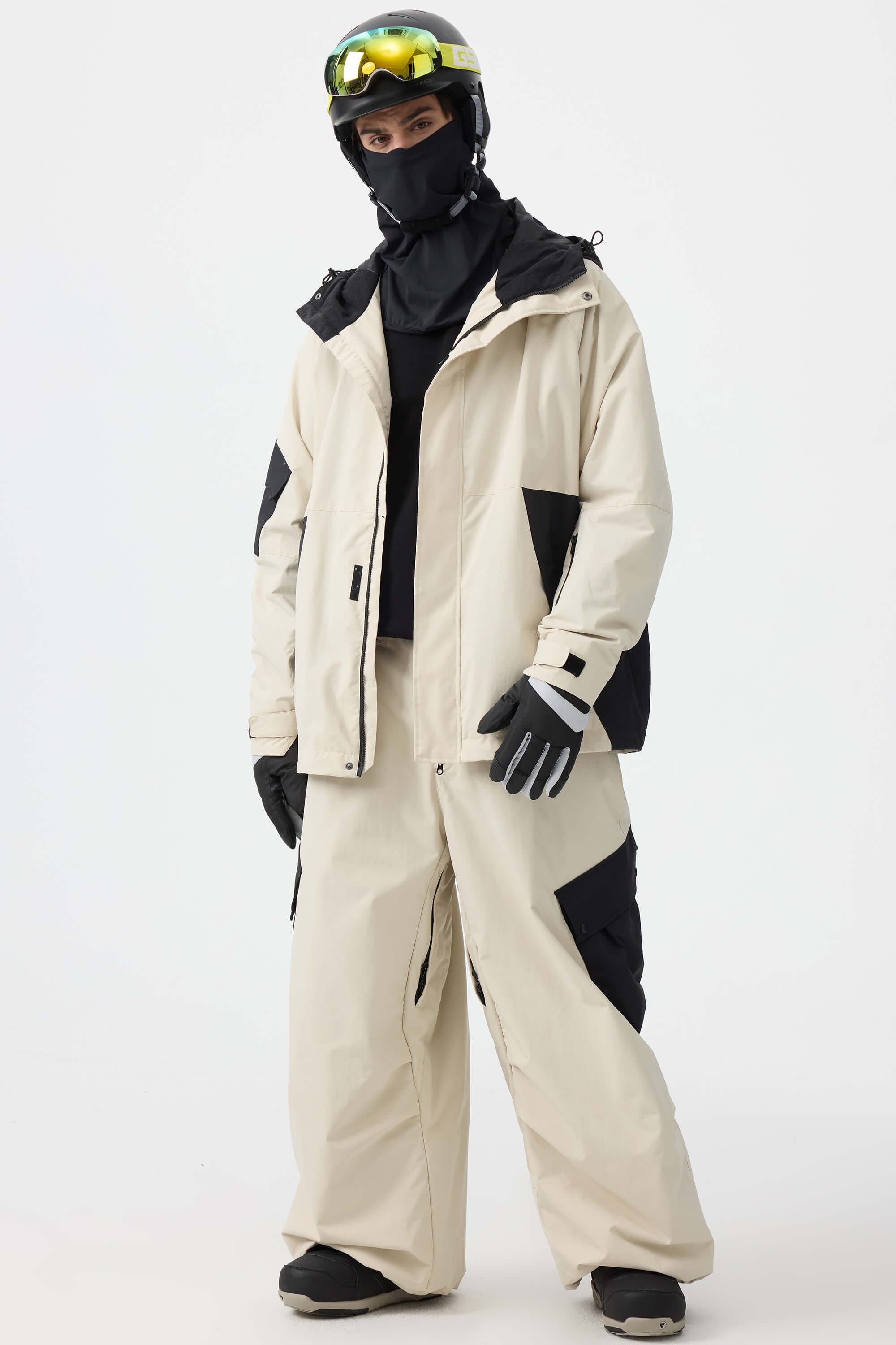 Men's Coffee Baggy Color-Blocked Ski Pants Cargo Pocket Snow Pants