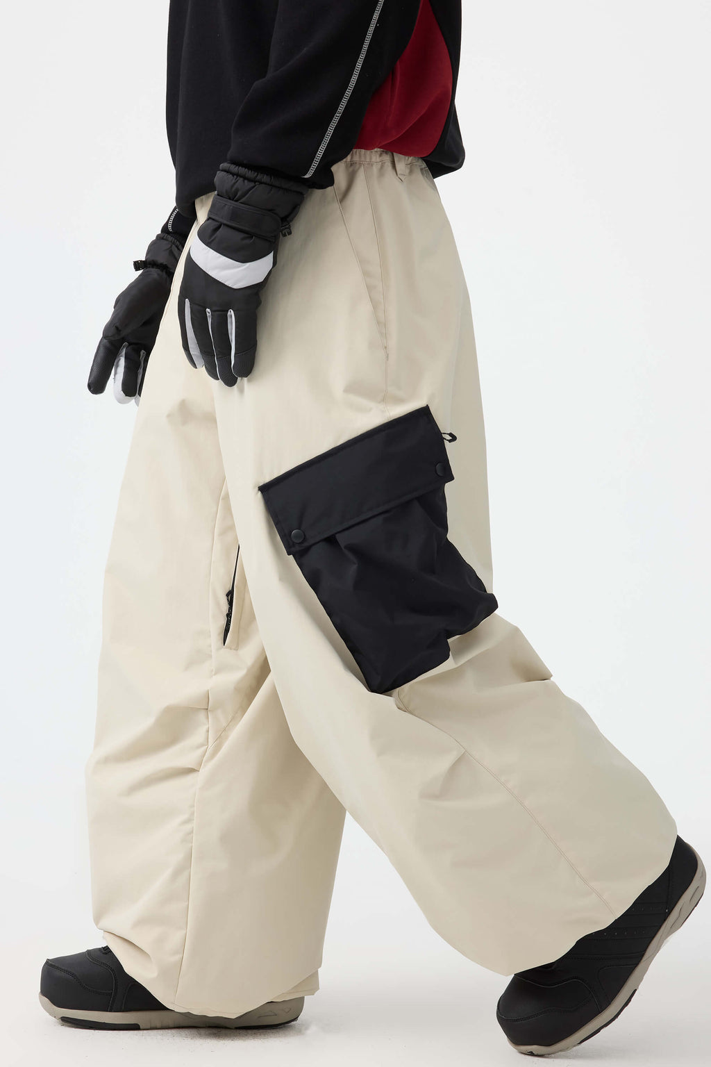 Men's Coffee Baggy Color-Blocked Ski Pants Cargo Pocket Snow Pants