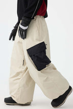 Men's Coffee Baggy Color-Blocked Ski Pants Cargo Pocket Snow Pants