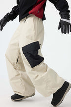 Men's Dark Gray Baggy Color-Blocked Ski Pants Cargo Pocket Snow Pants