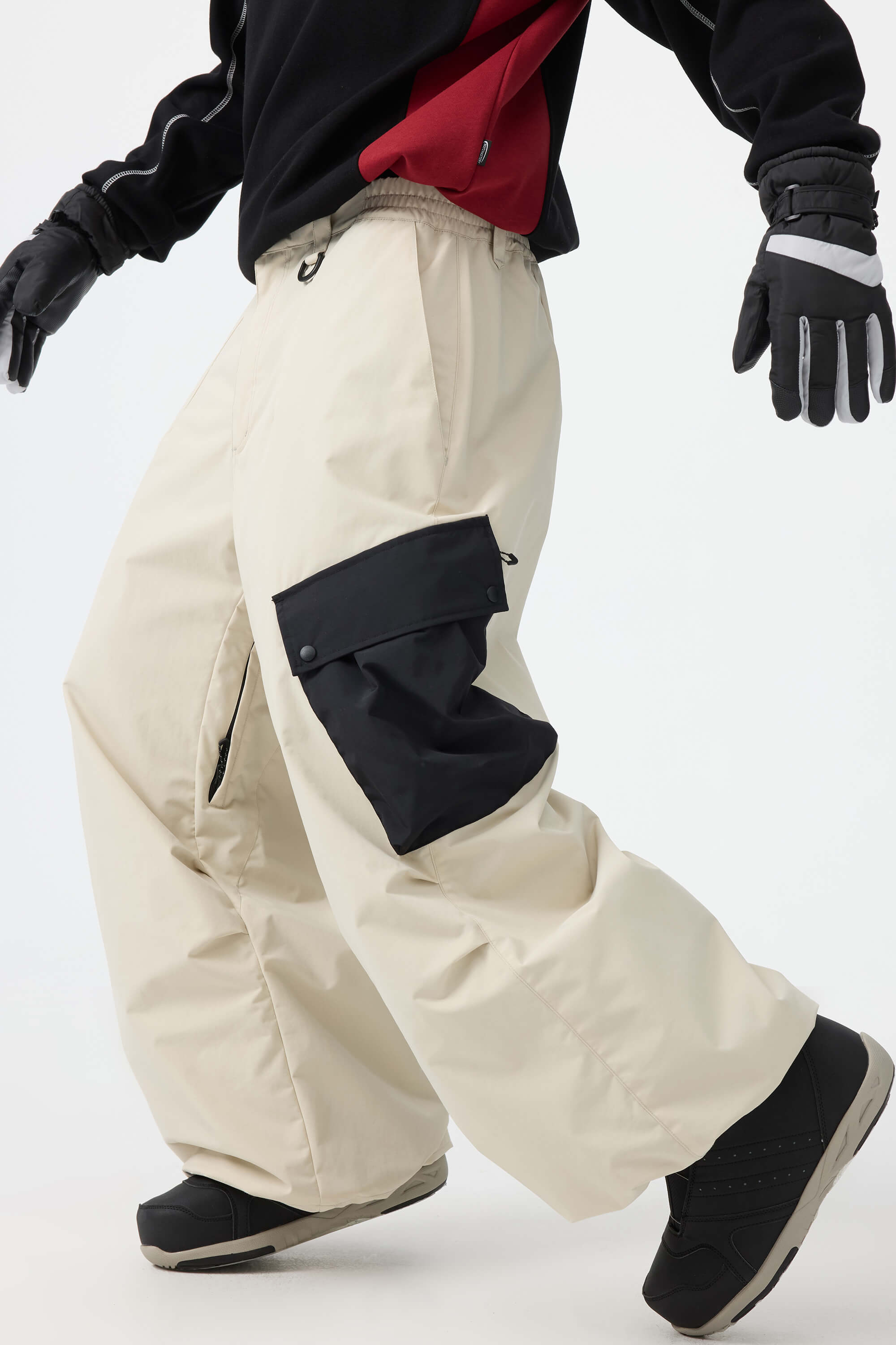 Men's Dark Gray Baggy Color-Blocked Ski Pants Cargo Pocket Snow Pants