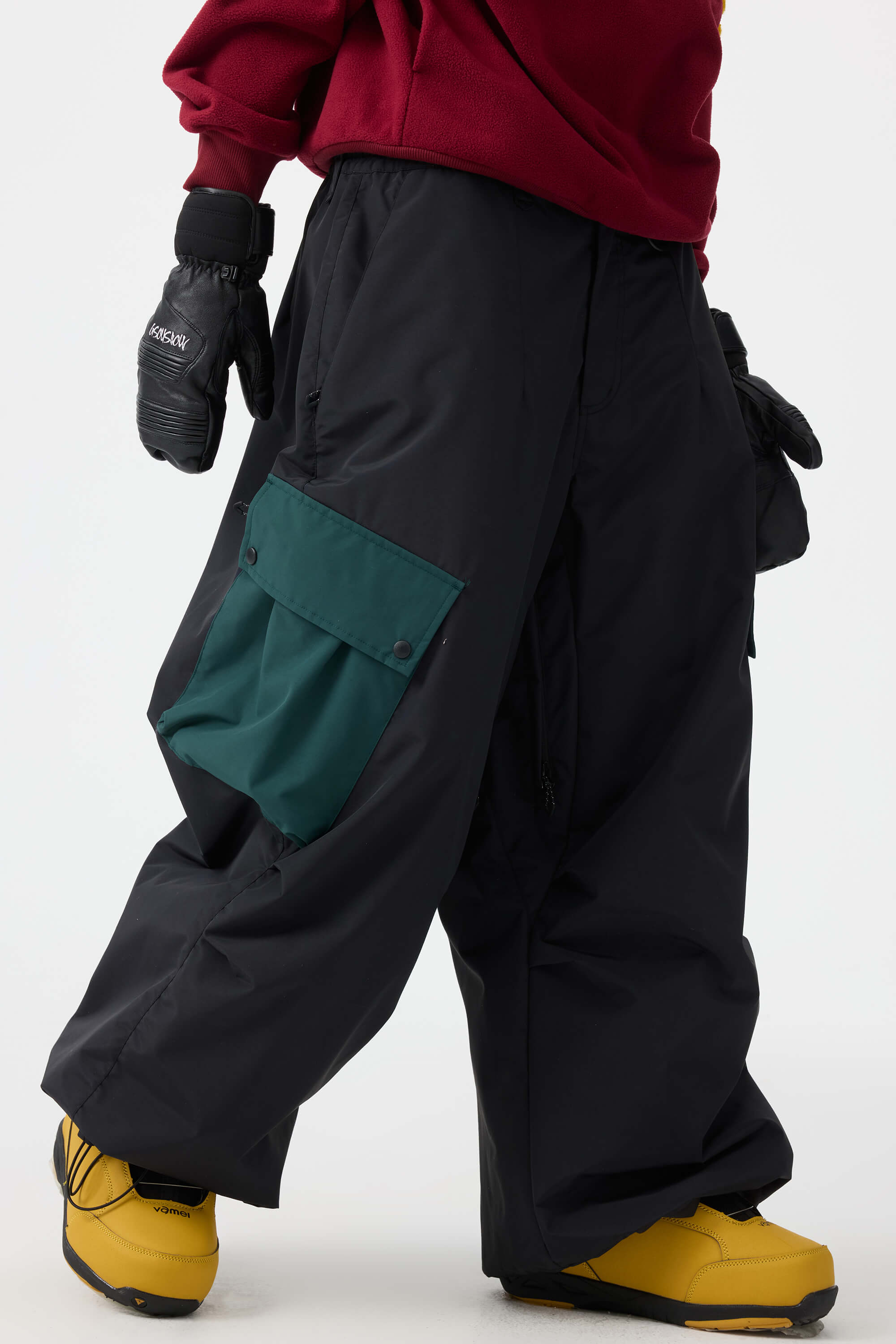 Women's Coffee Baggy Color-Blocked Ski Pants Cargo Pocket Snow Pants