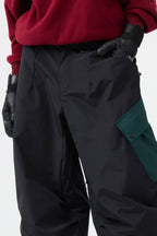 Women's Coffee Baggy Color-Blocked Ski Pants Cargo Pocket Snow Pants