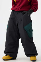 Women's Coffee Baggy Color-Blocked Ski Pants Cargo Pocket Snow Pants