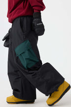 Women's Coffee Baggy Color-Blocked Ski Pants Cargo Pocket Snow Pants