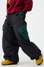 Women's Coffee Baggy Color-Blocked Ski Pants Cargo Pocket Snow Pants