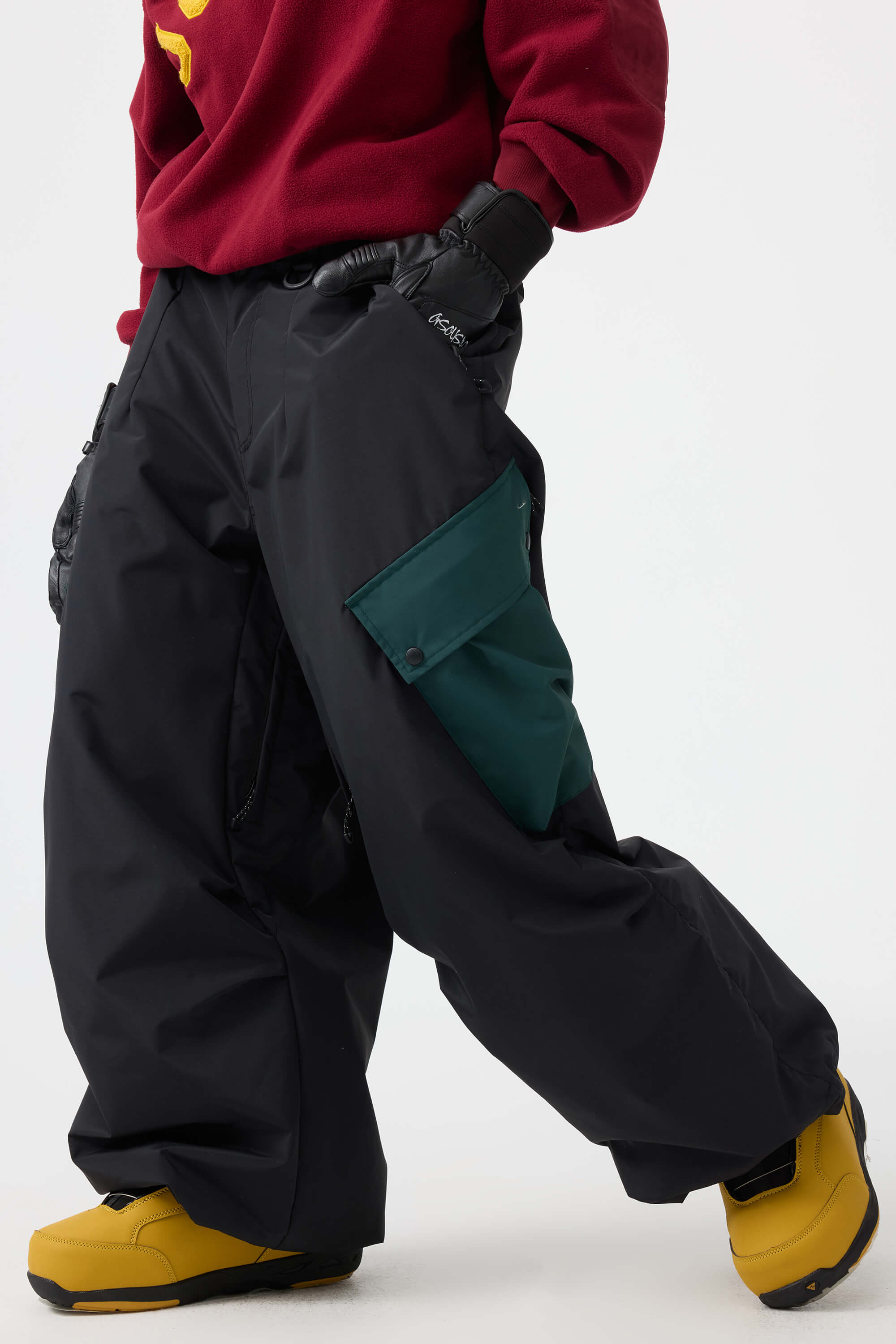 Women's Coffee Baggy Color-Blocked Ski Pants Cargo Pocket Snow Pants