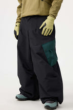 Men's Coffee Baggy Color-Blocked Ski Pants Cargo Pocket Snow Pants
