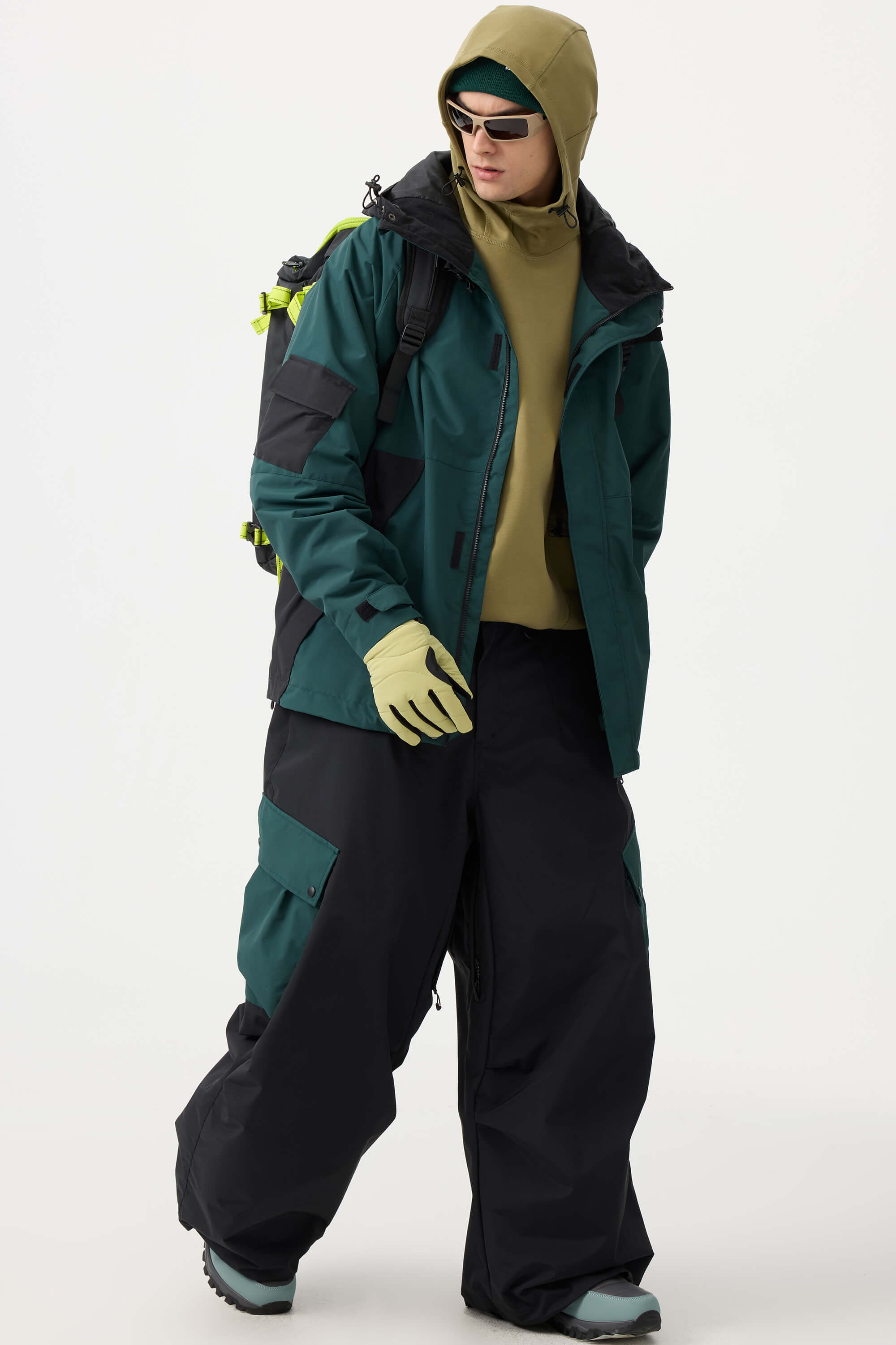 Men's Dark Gray Baggy Color-Blocked Ski Pants Cargo Pocket Snow Pants