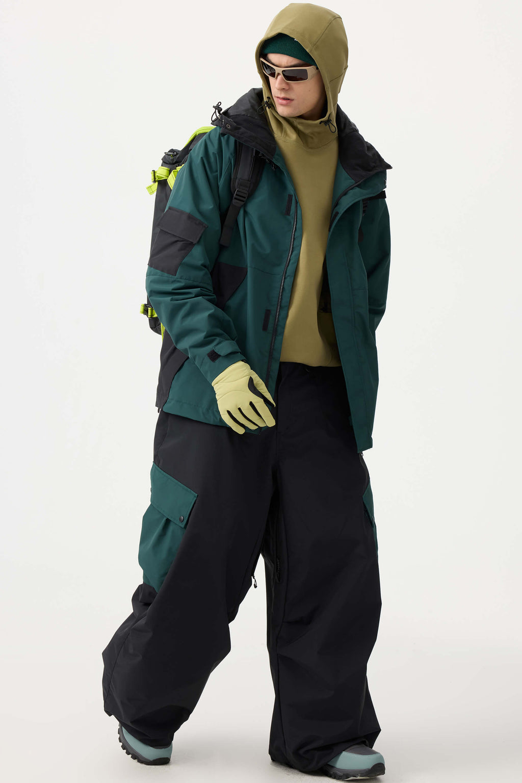 Men's Beige Baggy Color-Blocked Ski Pants Cargo Pocket Snow Pants