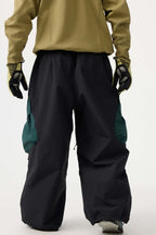 Men's Black Baggy Color-Blocked Ski Pants Cargo Pocket Snow Pants