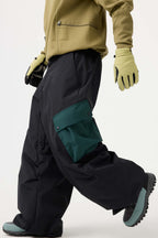 Men's Coffee Baggy Color-Blocked Ski Pants Cargo Pocket Snow Pants