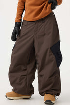 Women's Coffee Baggy Color-Blocked Ski Pants Cargo Pocket Snow Pants