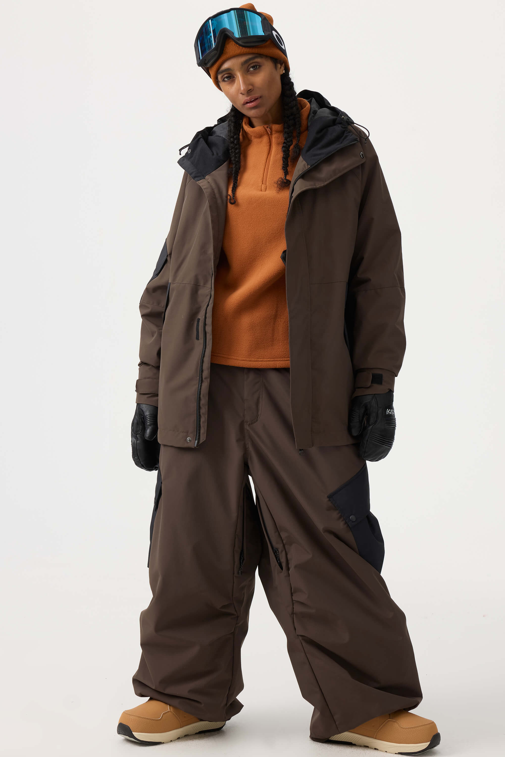 Women's Coffee Baggy Color-Blocked Ski Pants Cargo Pocket Snow Pants
