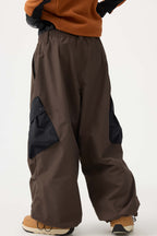 Women's Coffee Baggy Color-Blocked Ski Pants Cargo Pocket Snow Pants
