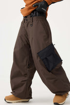 Women's Coffee Baggy Color-Blocked Ski Pants Cargo Pocket Snow Pants