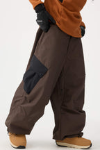Women's Coffee Baggy Color-Blocked Ski Pants Cargo Pocket Snow Pants