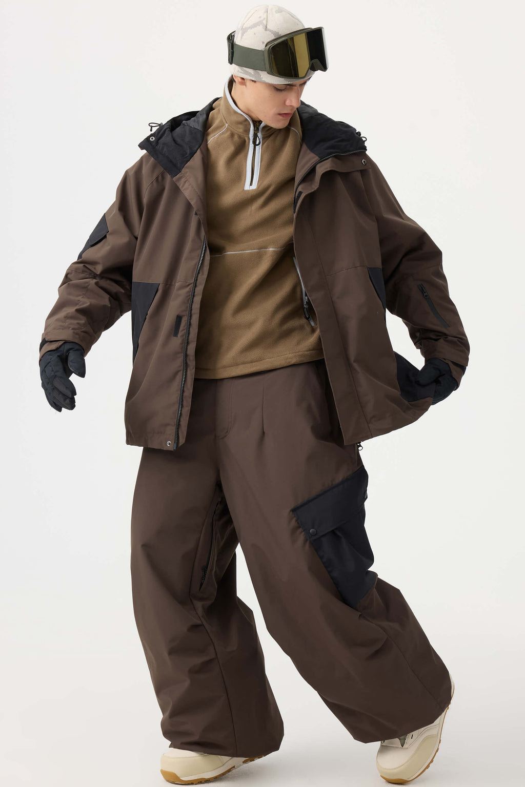 Men's Black Baggy Color-Blocked Ski Pants Cargo Pocket Snow Pants