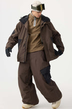 Men's Coffee Baggy Color-Blocked Ski Pants Cargo Pocket Snow Pants