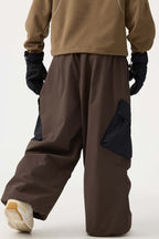 Men's Black Baggy Color-Blocked Ski Pants Cargo Pocket Snow Pants