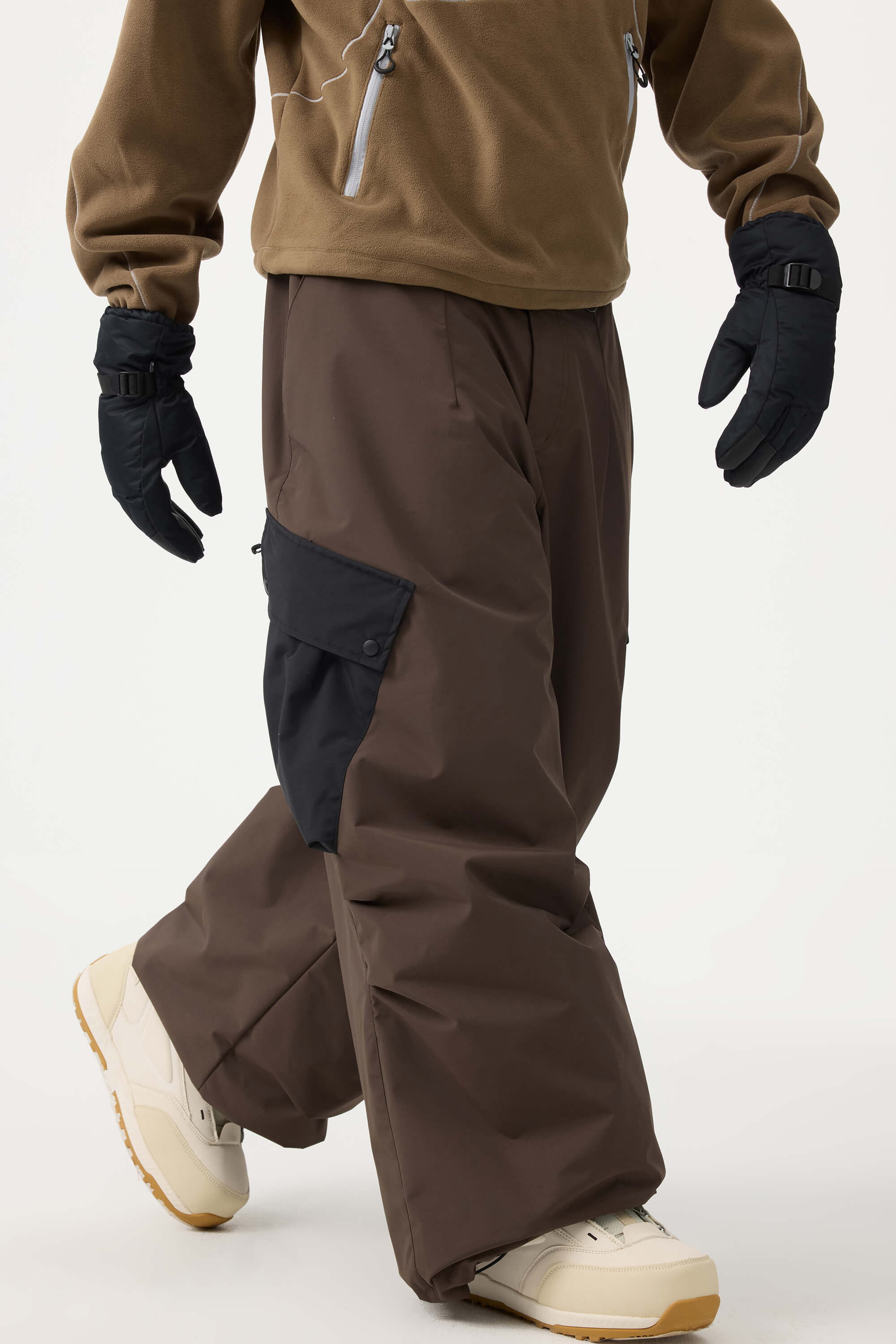Men's Coffee Baggy Color-Blocked Ski Pants Cargo Pocket Snow Pants