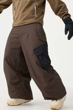 Men's Beige Baggy Color-Blocked Ski Pants Cargo Pocket Snow Pants
