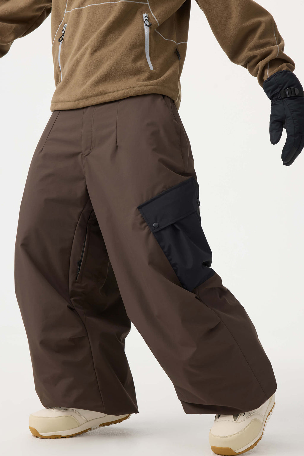 Men's Coffee Baggy Color-Blocked Ski Pants Cargo Pocket Snow Pants