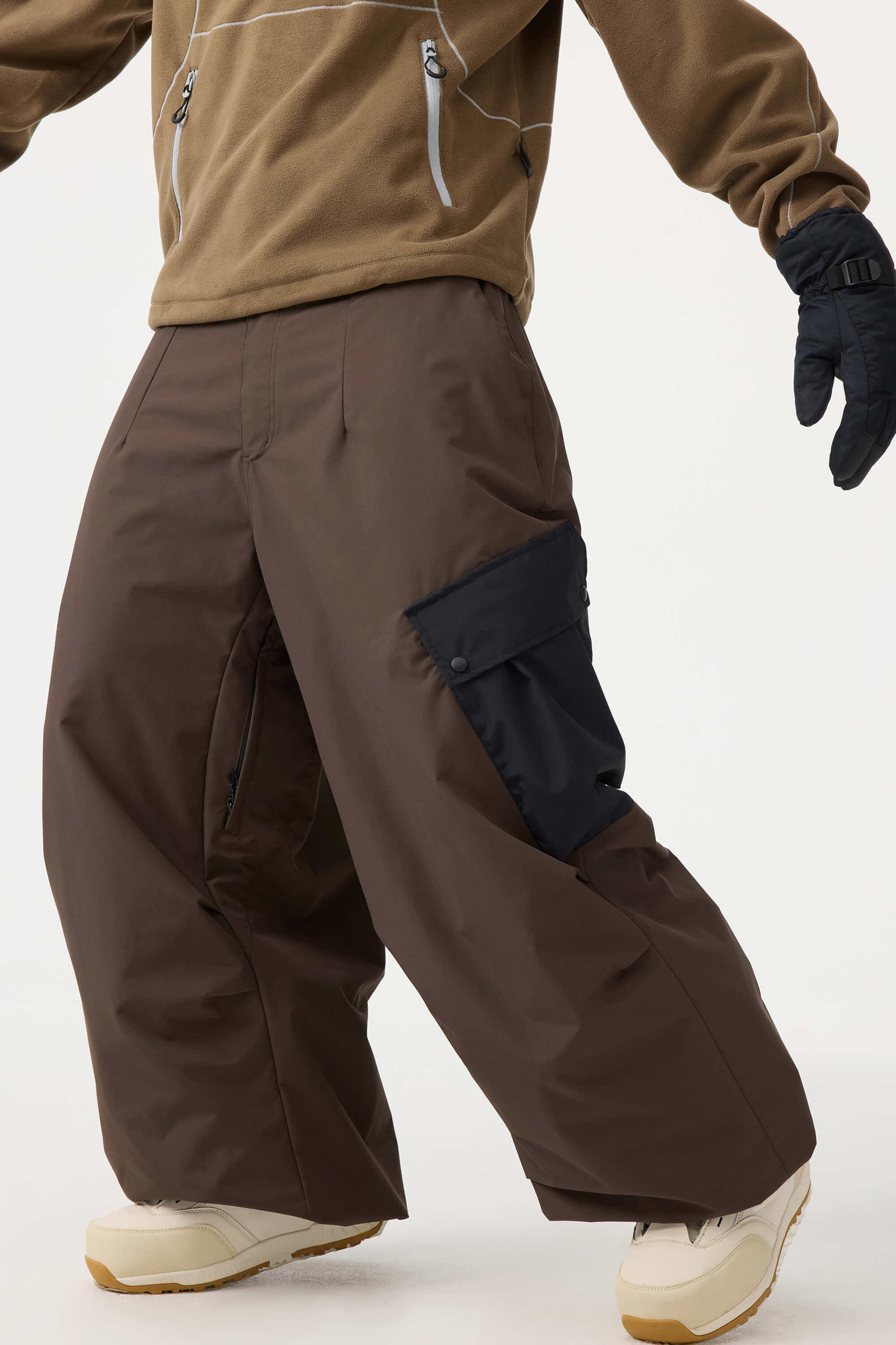 Men's Coffee Baggy Color-Blocked Ski Pants Cargo Pocket Snow Pants