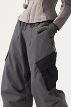 Women's Coffee Baggy Color-Blocked Ski Pants Cargo Pocket Snow Pants