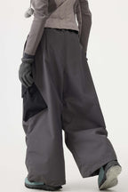 Women's Coffee Baggy Color-Blocked Ski Pants Cargo Pocket Snow Pants