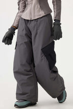 Women's Coffee Baggy Color-Blocked Ski Pants Cargo Pocket Snow Pants